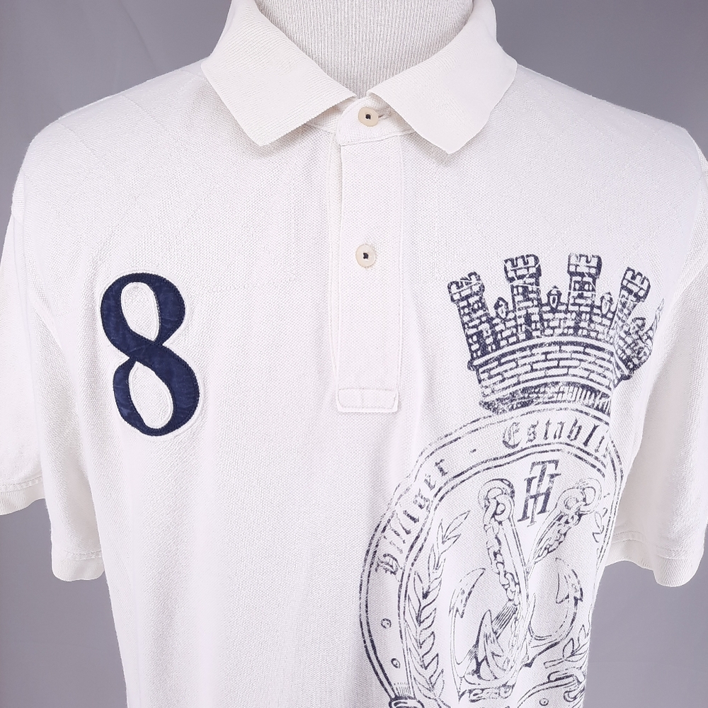 Tommy Hilfiger #8 White Golf Rugby Polo Shirt Men's XXL Custom Fit Logo Designer